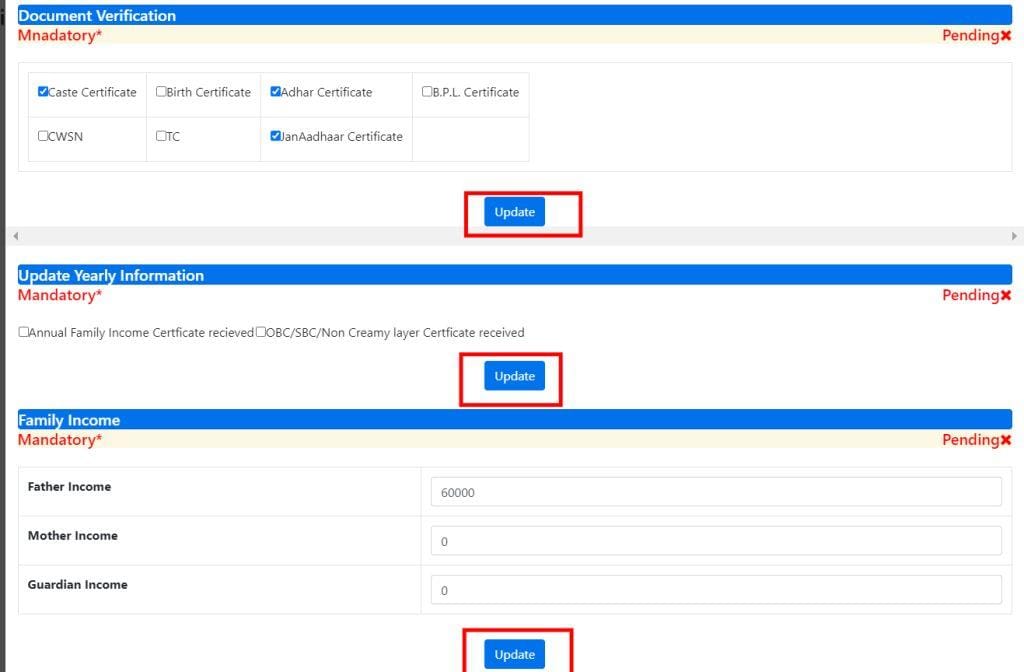 Document Verification, Update Yearly Information, Family Income.