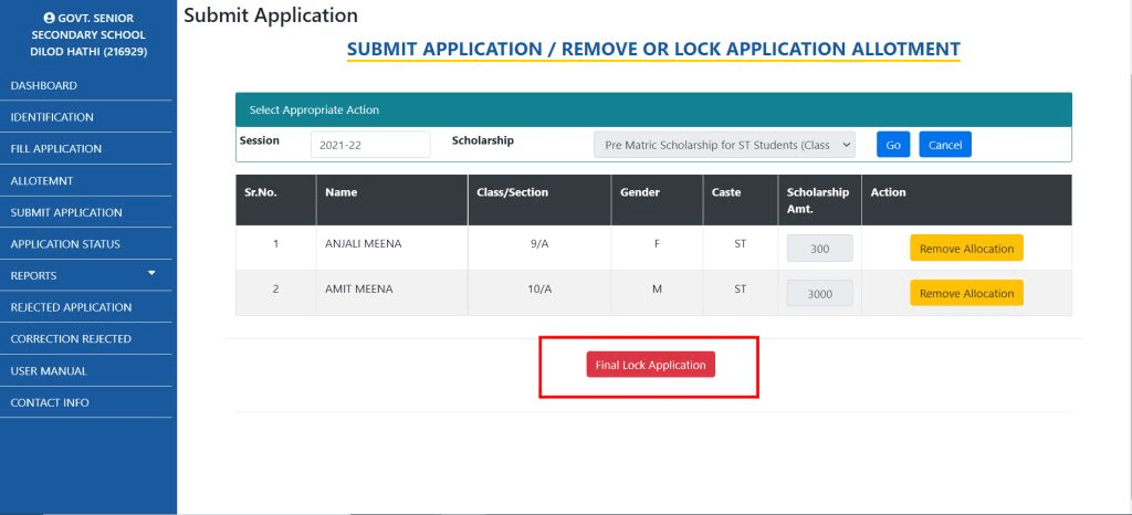 SUBMIT APPLICATION / REMOVE OR LOCK APPLICATION ALLOTMENT