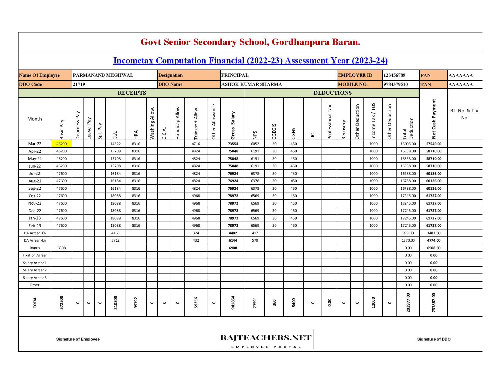 Rajasthan Teachers Web Portal Income Tax Calculation for Central Government Employees