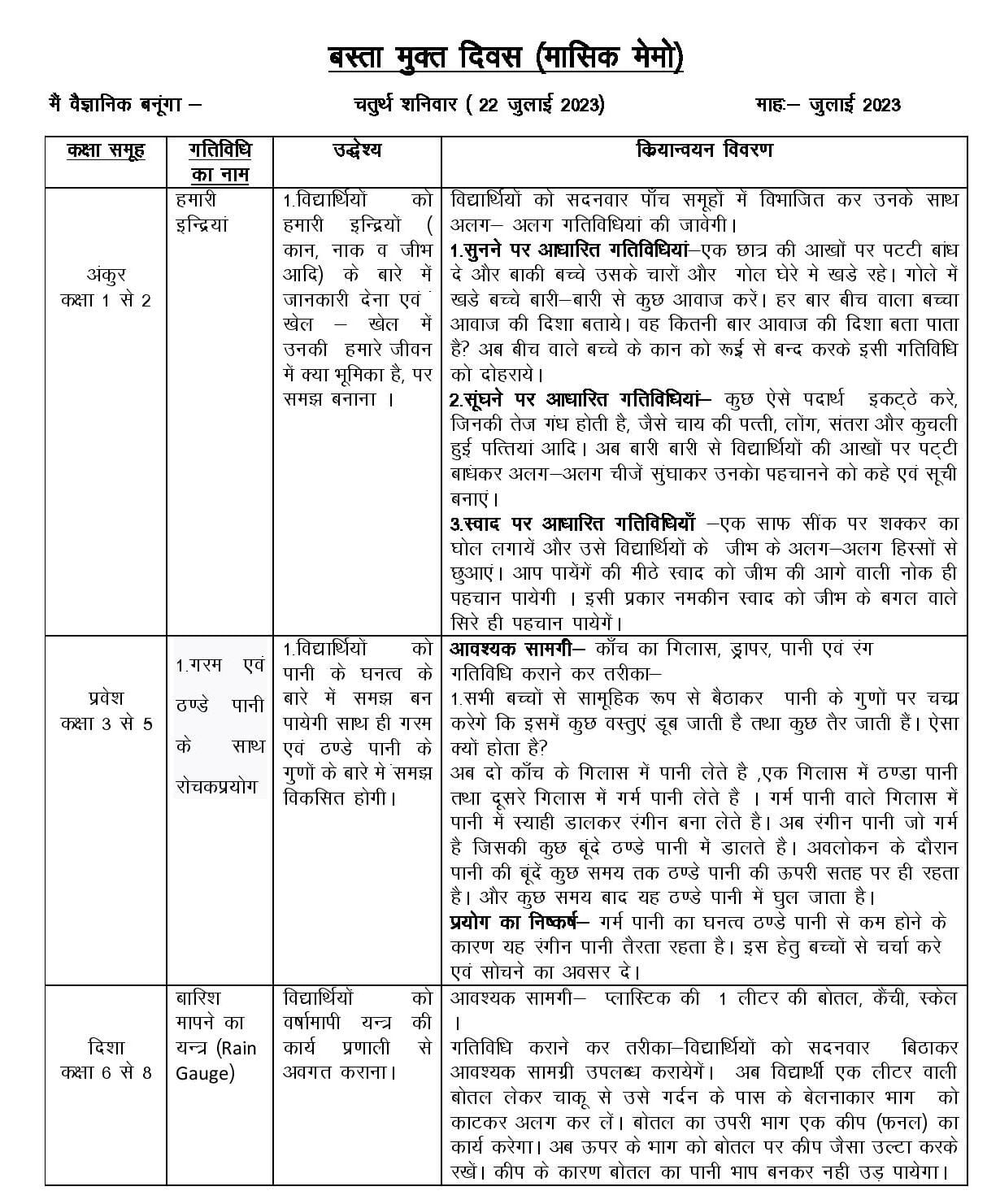 No Bag Day Activities 22 July 2023