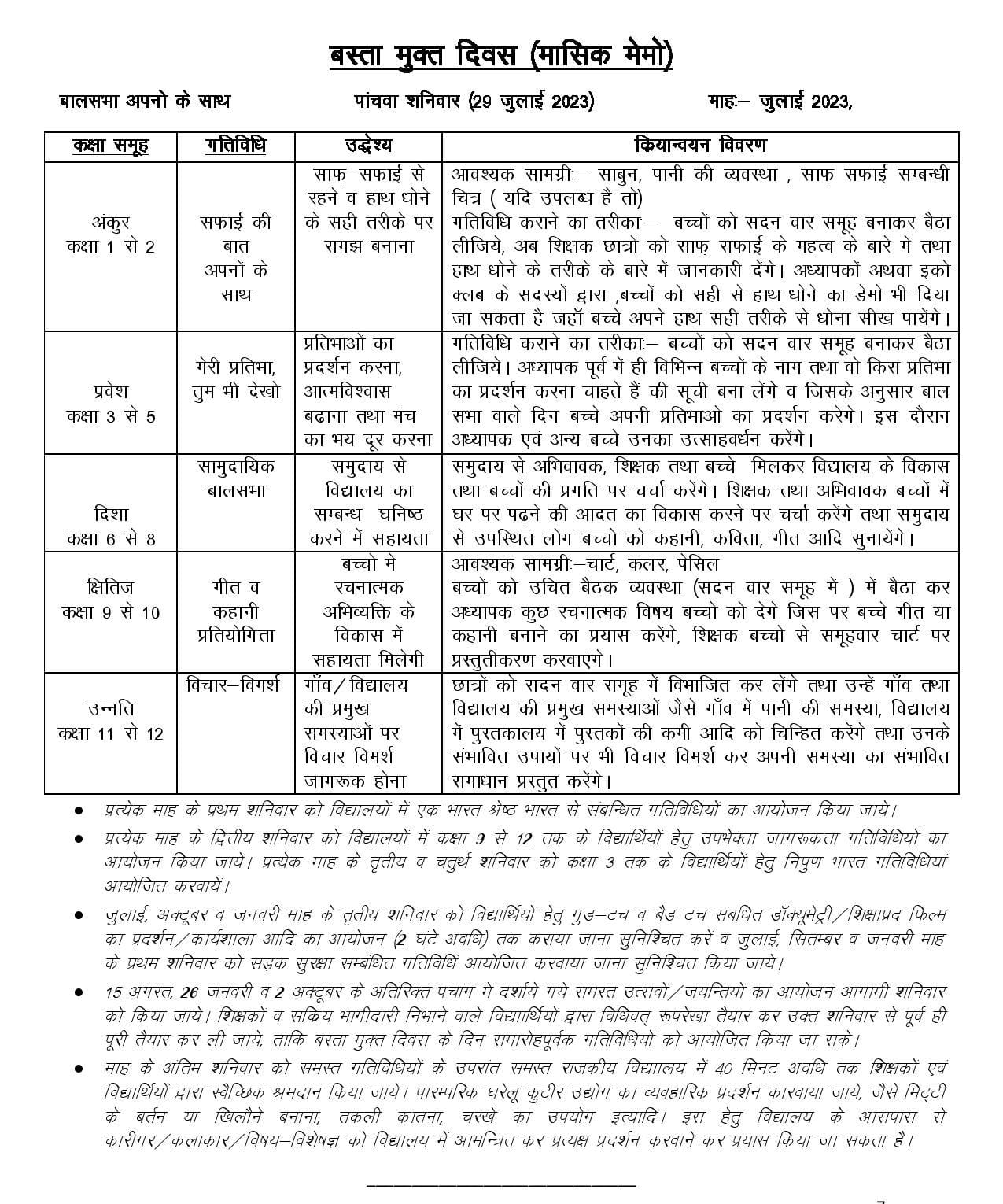 No Bag Day Activities 29 July 2023